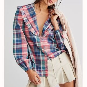 New Free People Molly Ruffle Button Down Top Fun Peter Pan Collar Plaid S